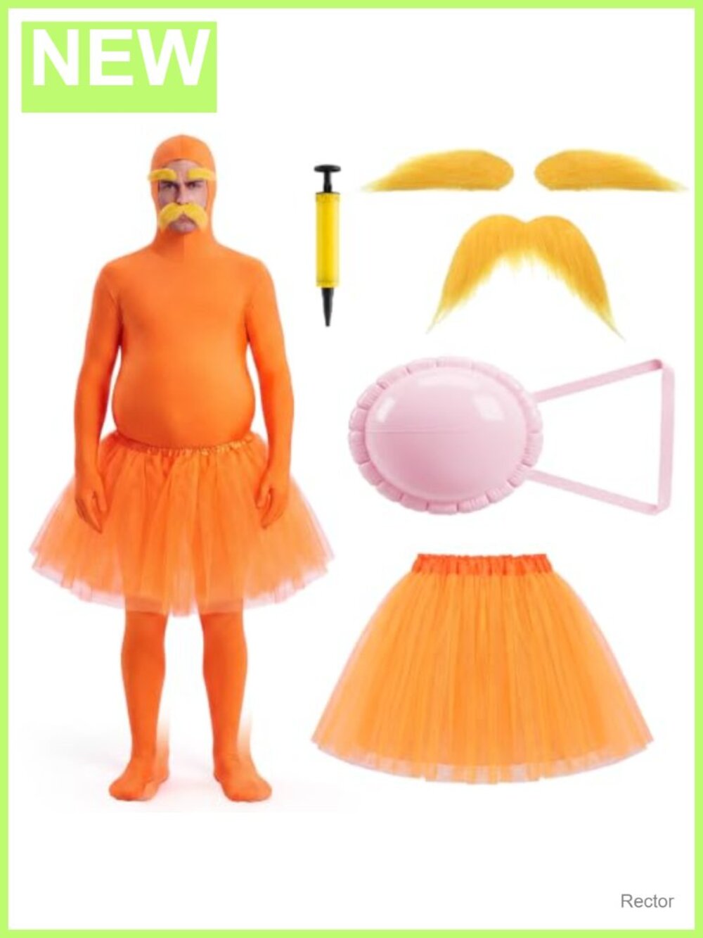Orange Bodysuit Costume Set with Mustache Eyebrows and Inflatable Belly